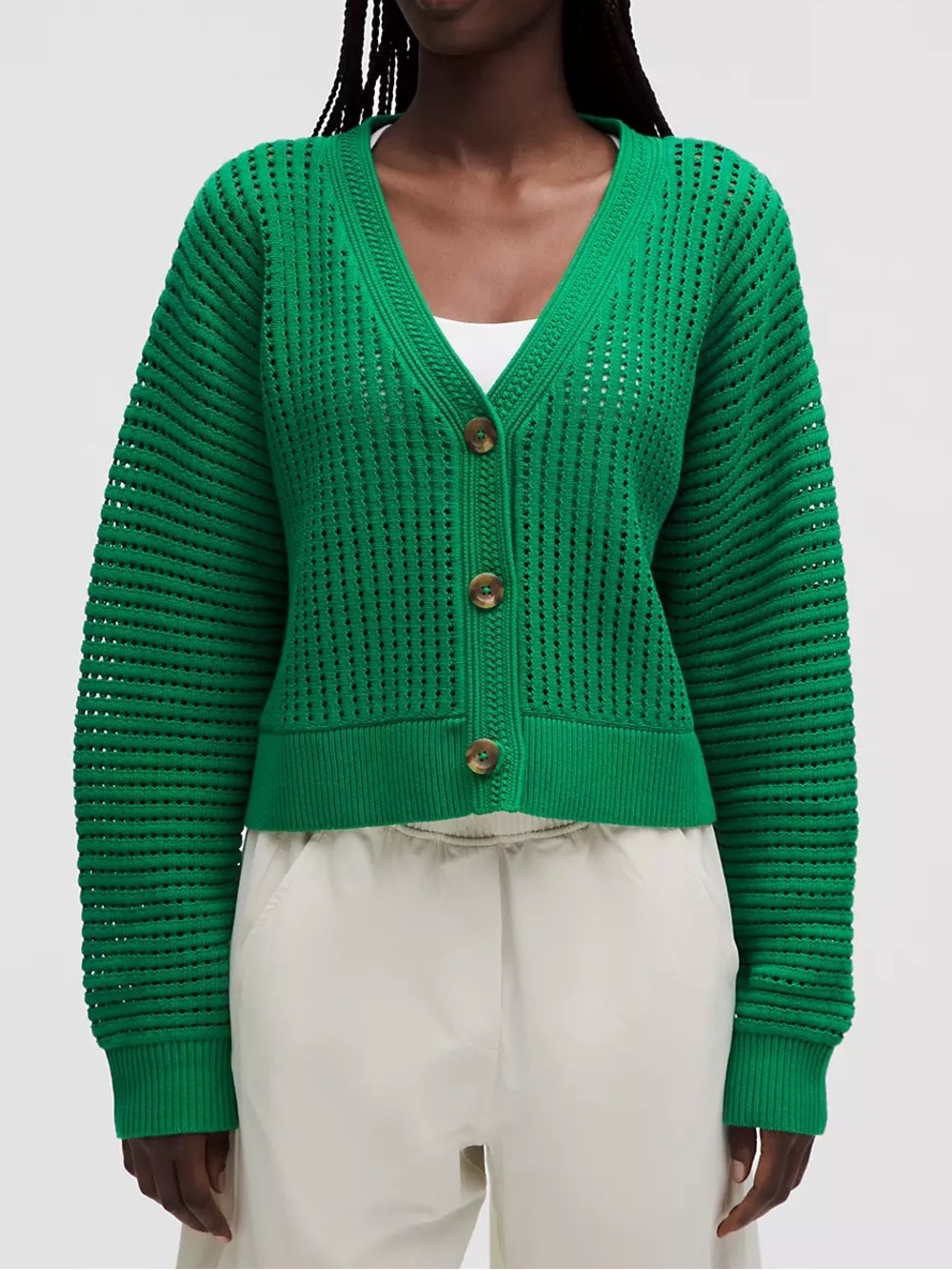 Lululemon Women XL Raceway Green Cotton Crochet Mesh Relaxed-Fit Cardigan NWT